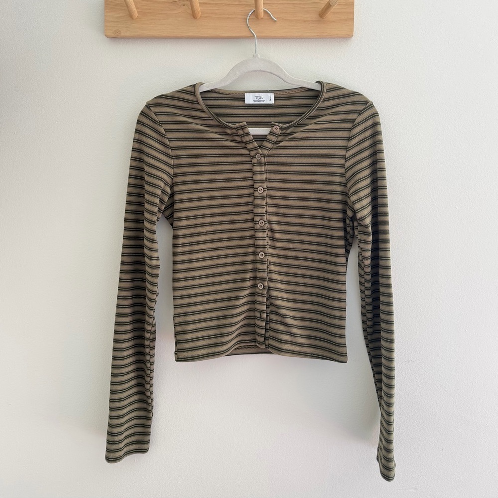 Tea Collection Olive and Black Striped Button-Front Long Sleeve Top